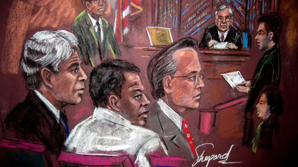 Ilustración en la que aparece el acusado, durante el juicio