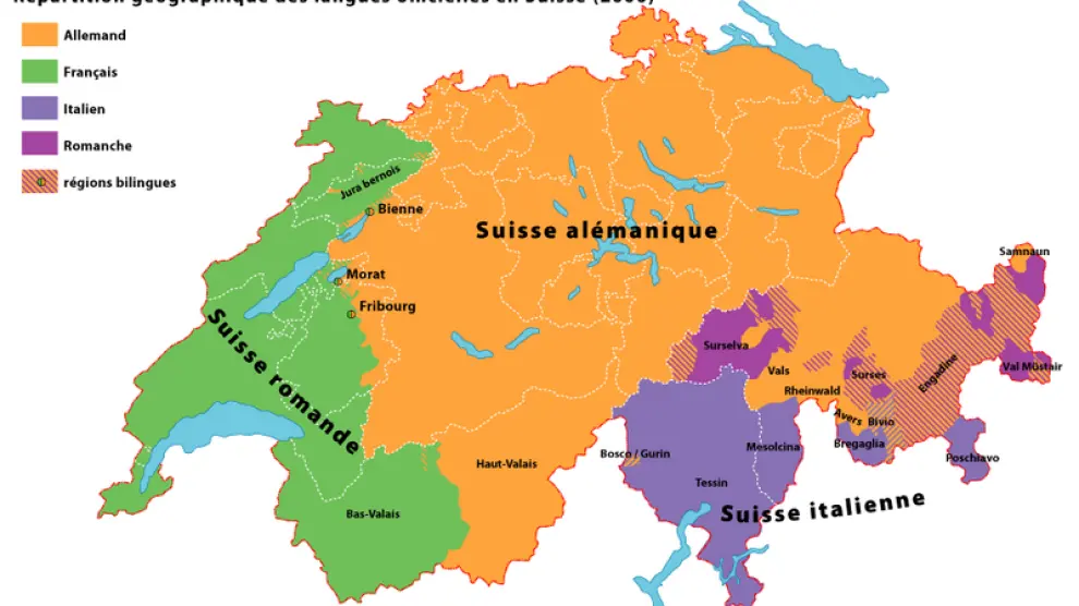 Mapa de los idiomas en los que se divide Suiza