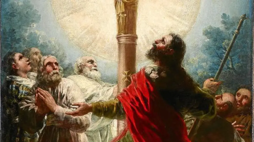 'El apóstol Santiago y sus discípulos, adorando a la Virgen del Pilar', el óleo que está a la venta.