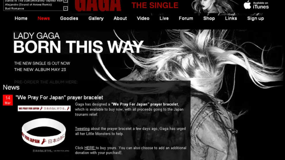 Imagen de la pulsera que promociona Lady Gaga en su web