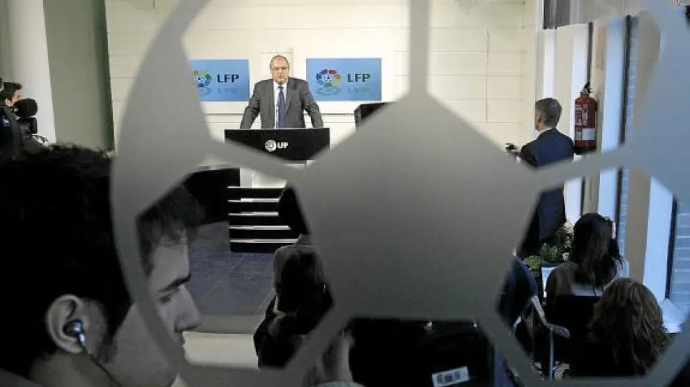 Carlos del Campo, secretario general de la LFP, en una rueda de prensa reciente en la sede de la Liga.
