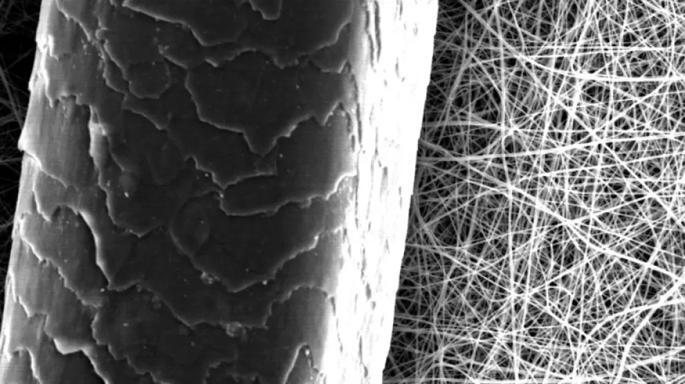 Nanofibras elaboradas por 'electrospinning', frente a un cabello humano