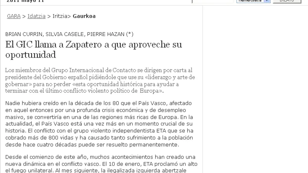 La carta publicada en la versión digital del diario 'Gara'