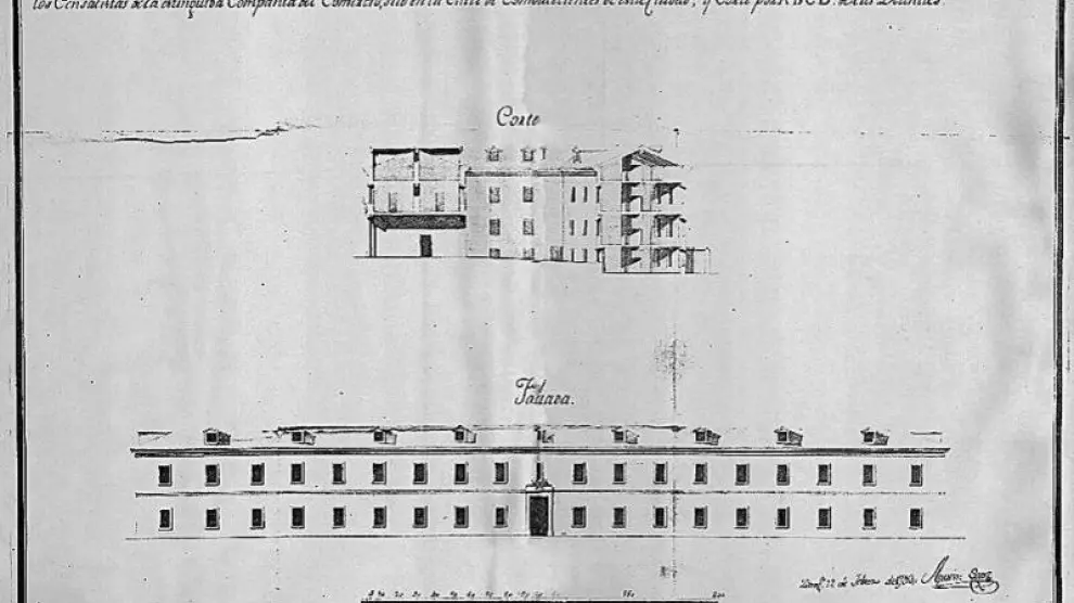 Plano de la fachada realizado en 1793 por el arquitecto Agustín Sanz, cuya firma aparece abajo a la derecha.