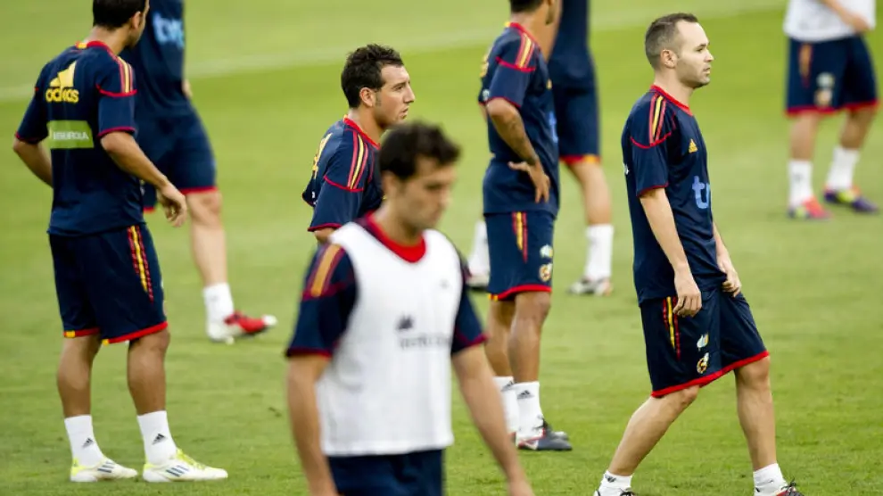 Varios jugadores de la Selección Española, durante el entrenamiento de este jueves