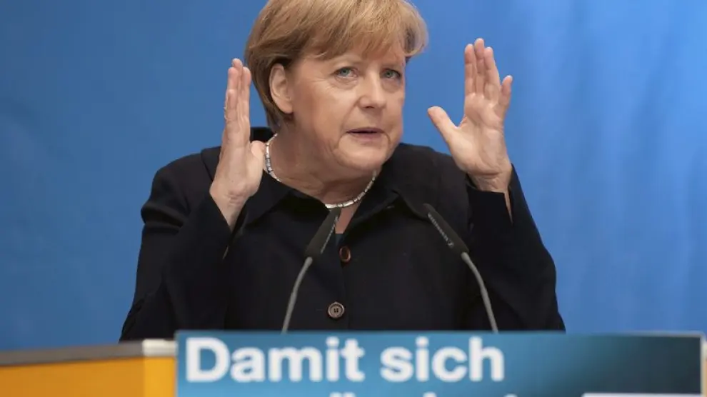 La canciller alemana Angela Merkel durante un acto electoral en Berlín