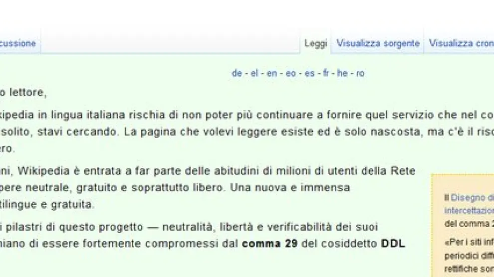Cierre de la web italiana de wikipedia