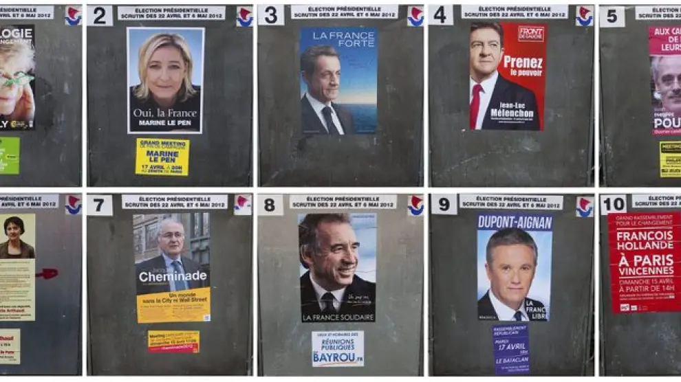 Combo de fotografías que muestra los carteles electorales de los candidatos a la presidencia de Francia.