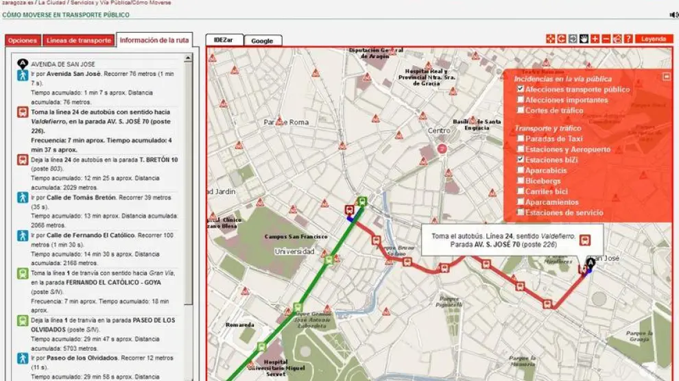 La web municipal permite planificar los desplazamientos combinando bus y tranvía