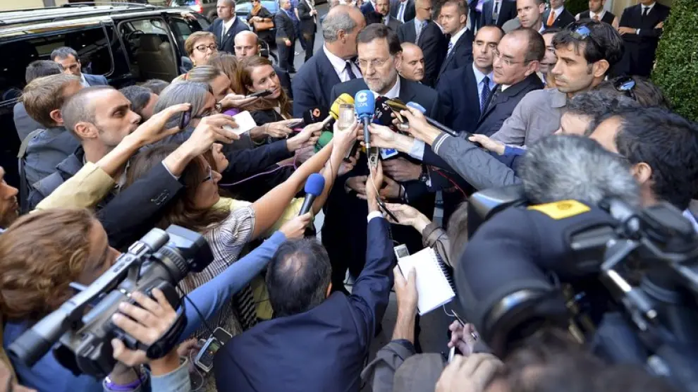 Mariano Rajoy, atendiendo a la prensa tras su llegado a Nueva York