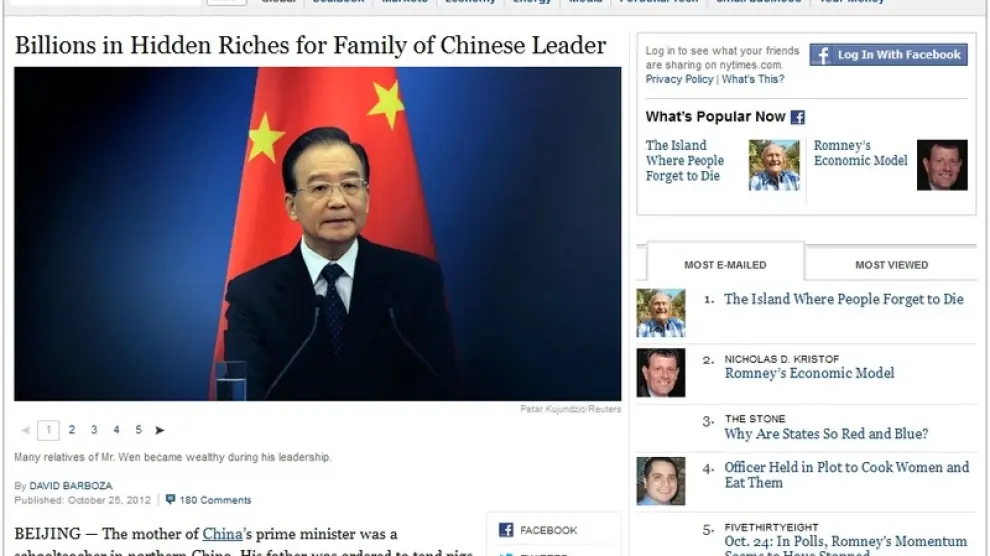 El artículo publicado en la web del diario estadounidense sobre Wen Jiabao.