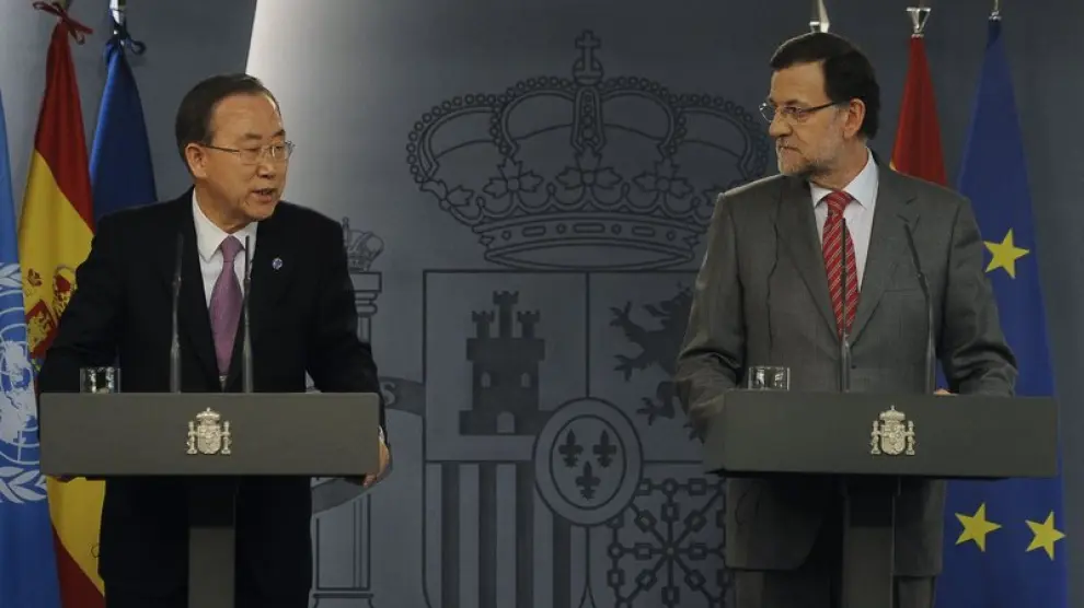 Rajoy y el secretario general de la ONU, Ban Ki Moon, en rueda de prensa.
