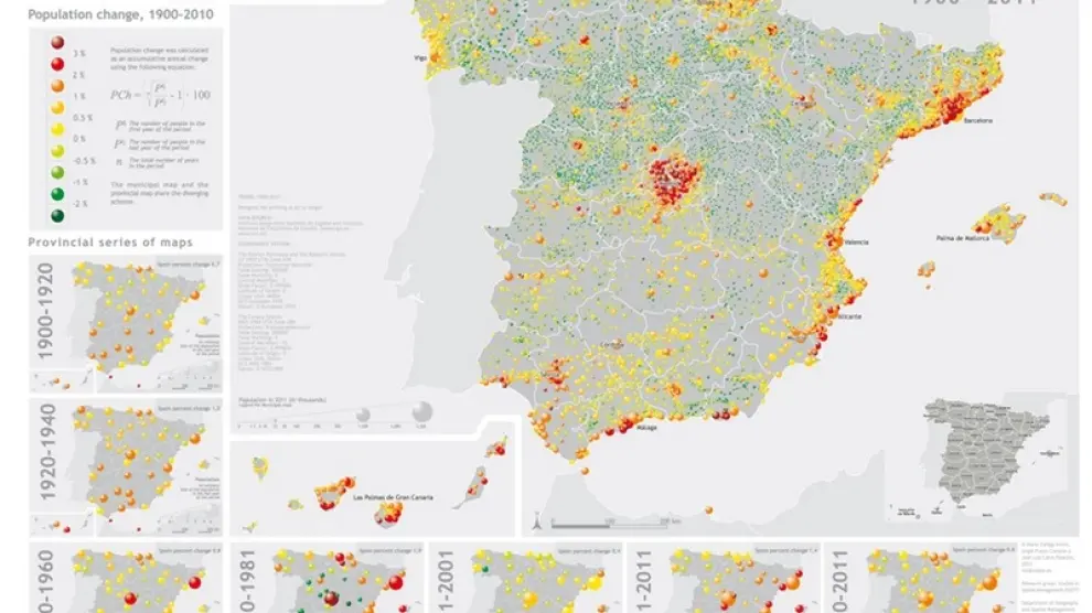 Mapa sobre la evolución de la población española del siglo XX de la Universidad de Zaragoza.