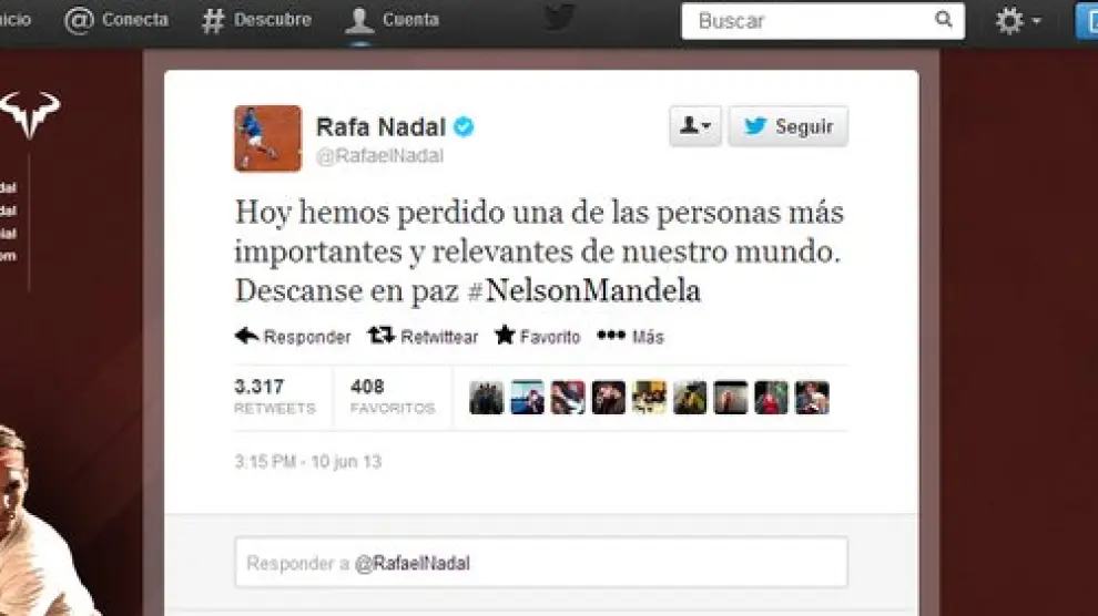 Rafa Nadal ha dado en Twitter su pésame por Mandela, que aún sigue vivo
