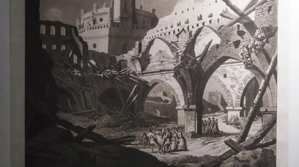 Parte de la muestra trata la destrucción de parte de Zaragoza tras Los Sitios.