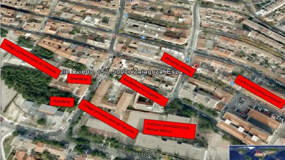 Mapa elaborado por los vecinos de La Paz sobre edificios cercanos a la antena