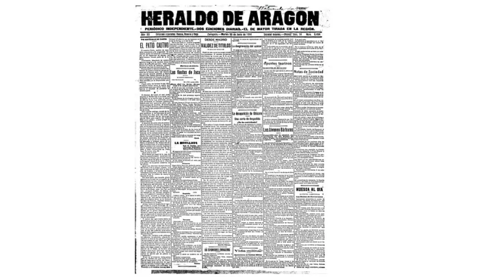 Portada de HERALDO DE ARAGÓN el día 30 de junio de 1914