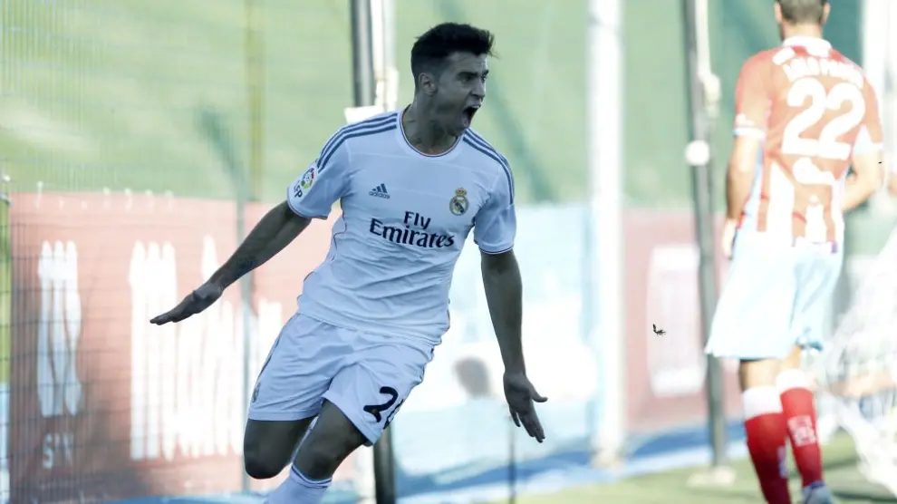 Jaime Romero celebra un gol anotado el año pasado con el Real Madrid Castilla.