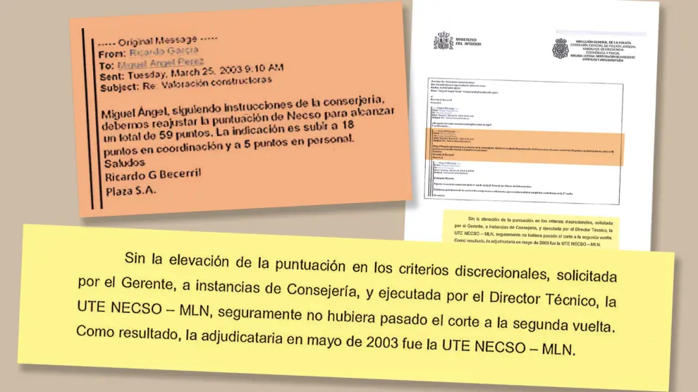 El texto sobre fondo naranja reproduce un correo remitido por Becerril. Sobre fondo amarillo, la conclusión de la UDEF
