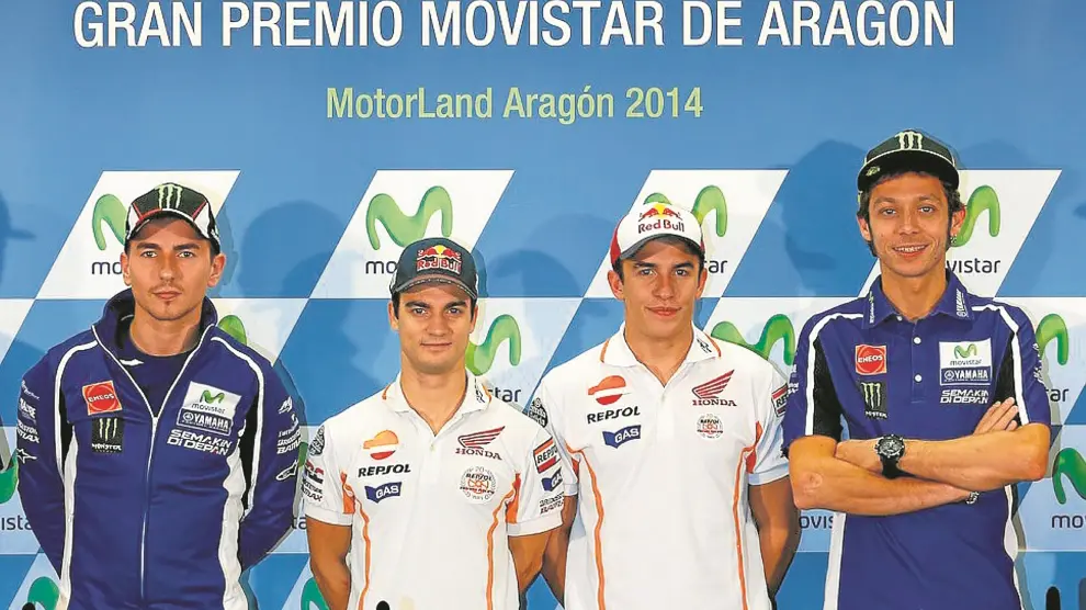 Jorge Lorenzo, Dani Pedrosa, Marc Márquez y Valentino Rossi, en la rueda de prensa oficial previa al arranque del Gran Premio celebrada ayer en Motorland.