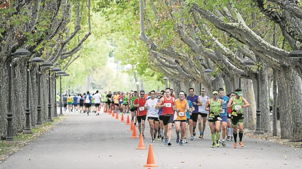 Los fondistas, a su paso por el parque Grande de Zaragoza, que marcaba el kilómetro 15 del maratón.