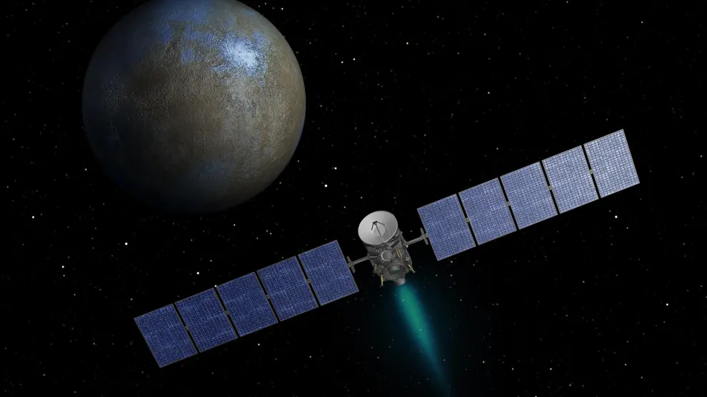 Recreación del planeta Ceres y la sonda espacial Down