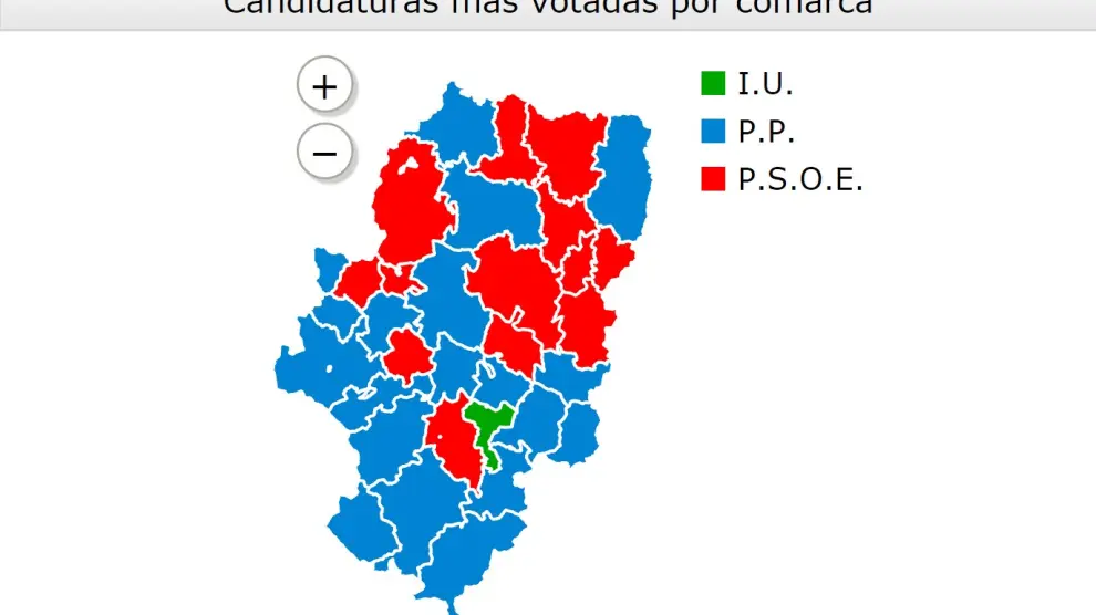 El mapa de los resultados electorales por comarcas, en Aragón.