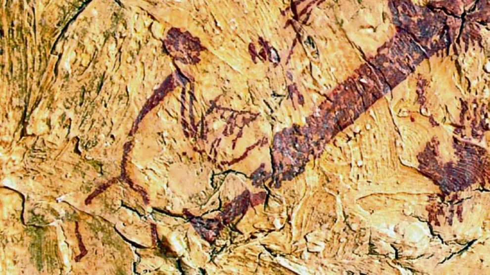 3 Foto 1. Imagen de lo que podría ser un hombre tocando la lira en una pintura rupestre de El Cerrao (Obón, Teruel).