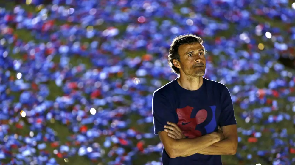 El entrenador del FC Barcelona, Luis Enrique, en el Camp Nou durante la celebración del triplete.