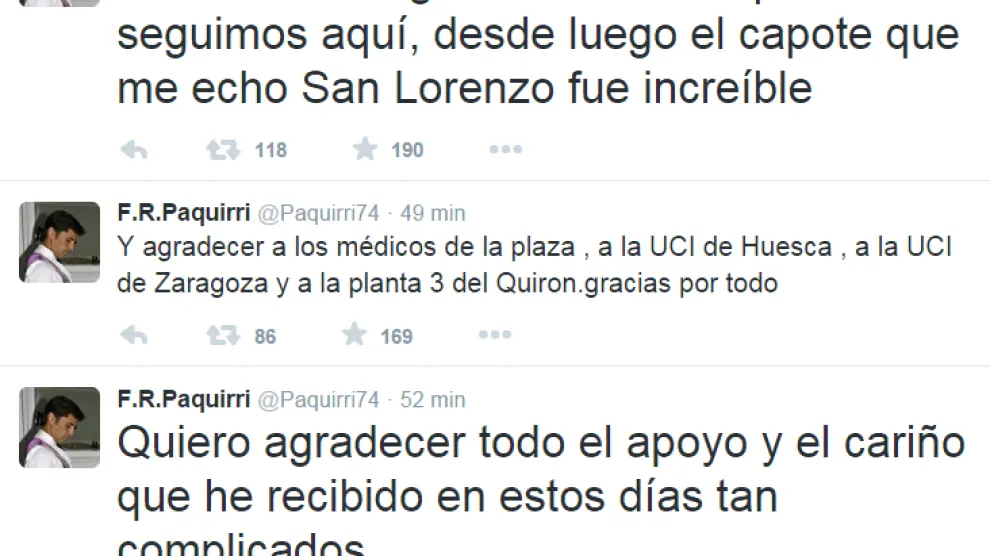 Varios de los 'tweet' de Francisco Rivera desde el Hospital Quirón de Zaragoza.