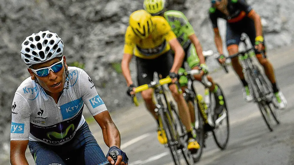 Nairo Quintana, seguido de Froome, Contador y Valverde, en un tramo de la etapa de ayer.