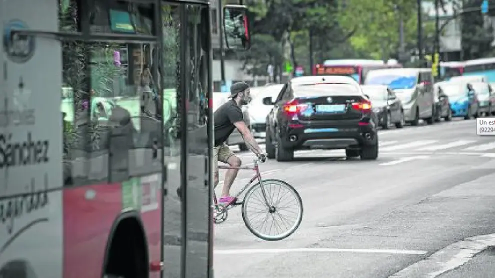 Un ciclista en el Paseo María Agustín, entre coches y autobuses