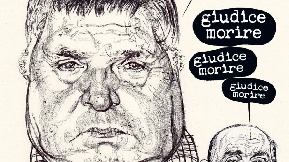 Ilustración de Riccardo Mannelli que forma parte de la muestra 'MC Mafia. Mafia, Camorra e 'Ndrangheta en la historia del cómic'.