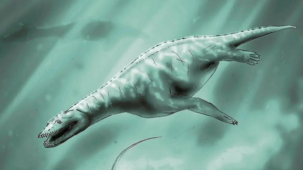 Recreación infográfica del reptil depredador. Encima, una vértebra fosilizada encontrada en el yacimiento de Manzanera.