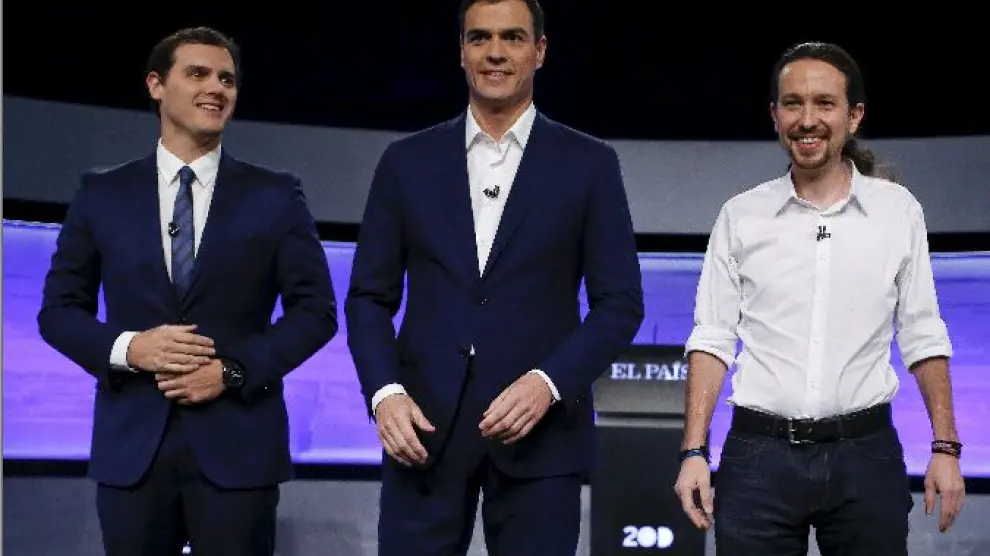 Albert Rivera, Pedro Sánchez y Pablo Iglesias, durante un debate televisivo