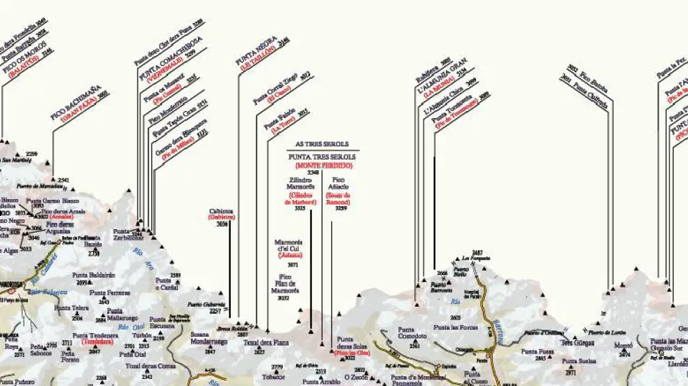 Este mapa muestra una parte de los aproximadamente 200 tresmiles de Aragón. Lo editaron Prames y la FAM añadiendo los nombres autóctonos de algunos de ellos.