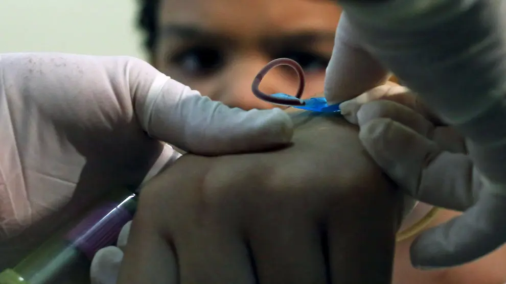 Un médico toma una muestra de sangre a un niño en Brasil para hacerle la prueba del virus zika.