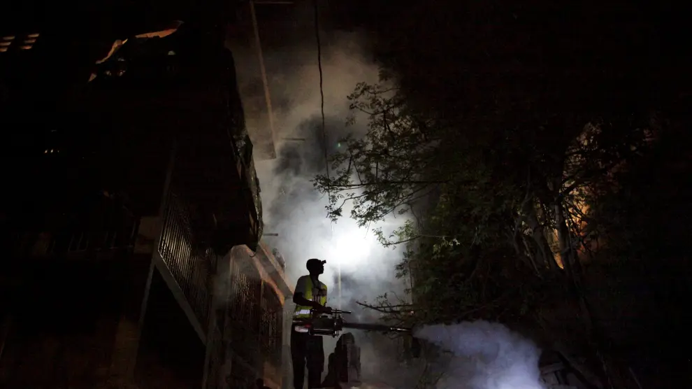 Un funcionario brasileño fumiga en la calles de un barrio de Brasil.