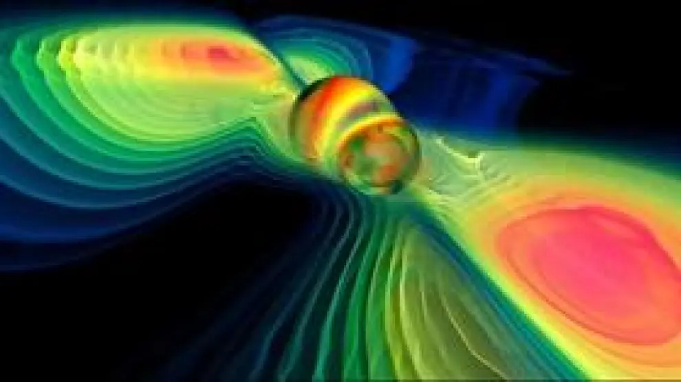 Simulación por ordenador de la emisión de ondas gravitacionales tras la colisión de dos agujeros negros.