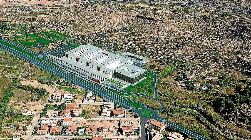 El nuevo hospital de Alcañiz en la imagen, la recreación infográfica está previsto en Cantagallos, a las afueras de la ciudad.