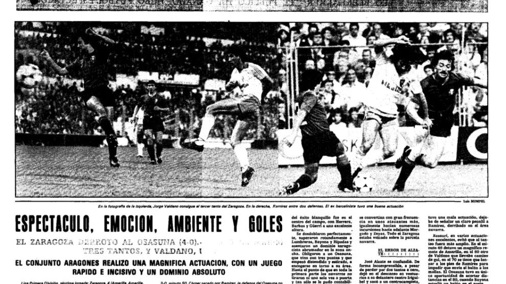 Crónica de HERALDO DE ARAGÓN del partido Real Zaragoza-Osasuna en La Romareda en octubre de 1982. Ganaron los zaragocistas 4-0 en medio de una fiesta entre ambas aficiones.