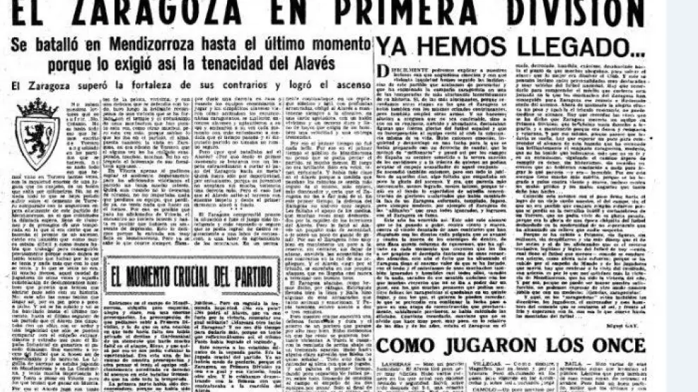 Una de las páginas de Heraldo de Aragón en las que se informó del ascenso del Real Zaragoza a Primera tras ganar en Vitoria al Alavés en junio de 1956.