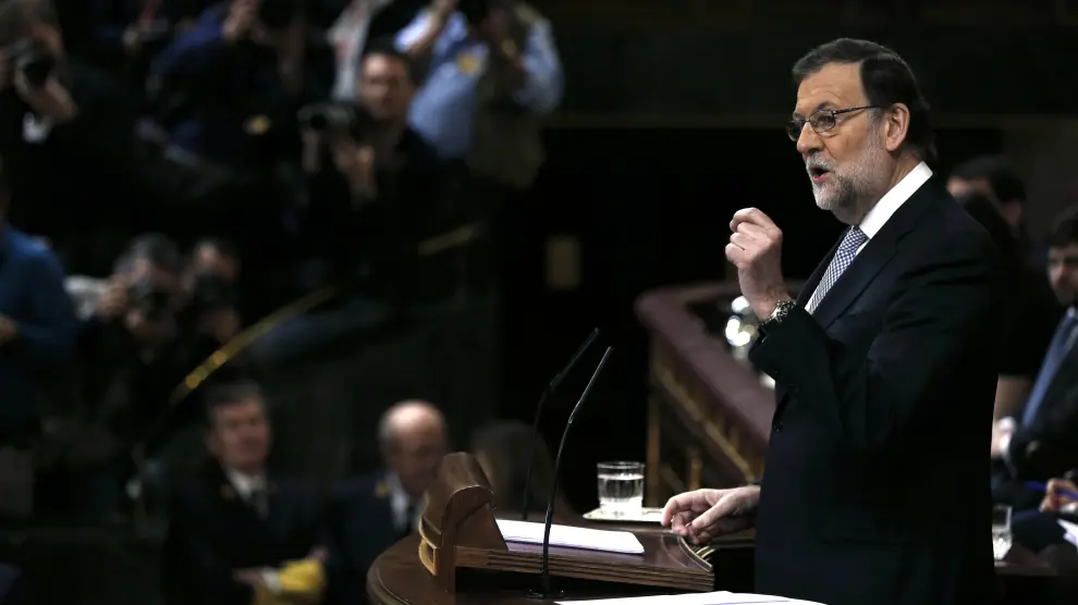El presidente del Gobierno en funciones, Mariano Rajoy, durante su intervención hoy en el Congreso de los Diputados