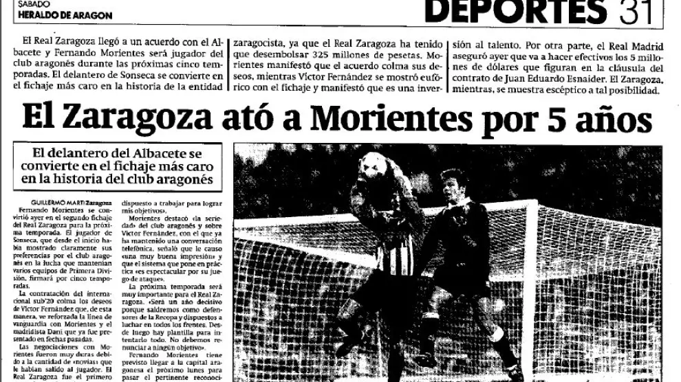 Página del Heraldo en la que se informaba del fichaje de Morientes por el Real Zaragoza en 1995.