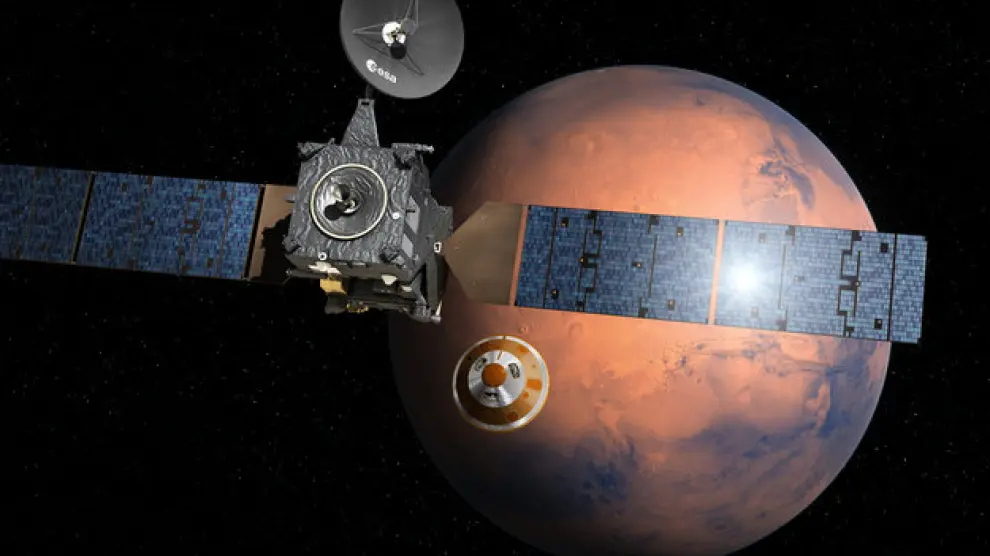 Recreación de Schiaparelli descendiendo hacia Marte