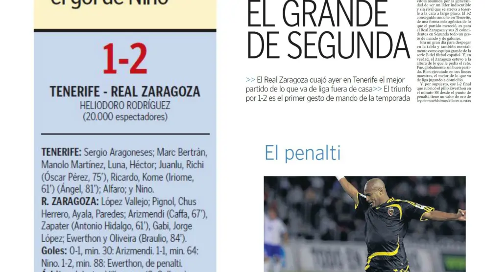 Ficha, titular de la crónica e imágen del Tenerife-Real Zaragoza de 2008 en el que jugó Ángel con el equipo canario.