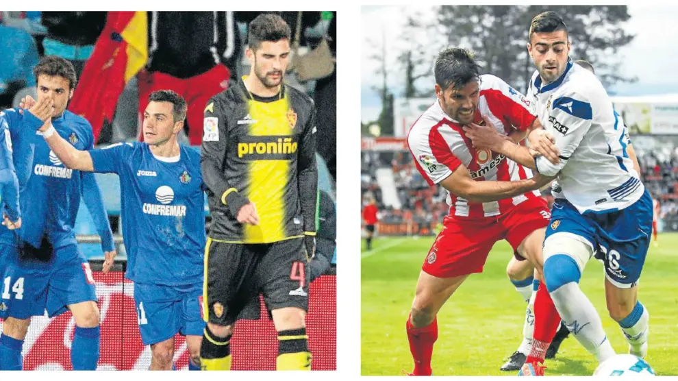 Colunga celebra el gol de penalti que marcó al Zaragoza en 2010 y Ortuño pelea con Rico en el duelo Girona-Zaragoza del año 2014.