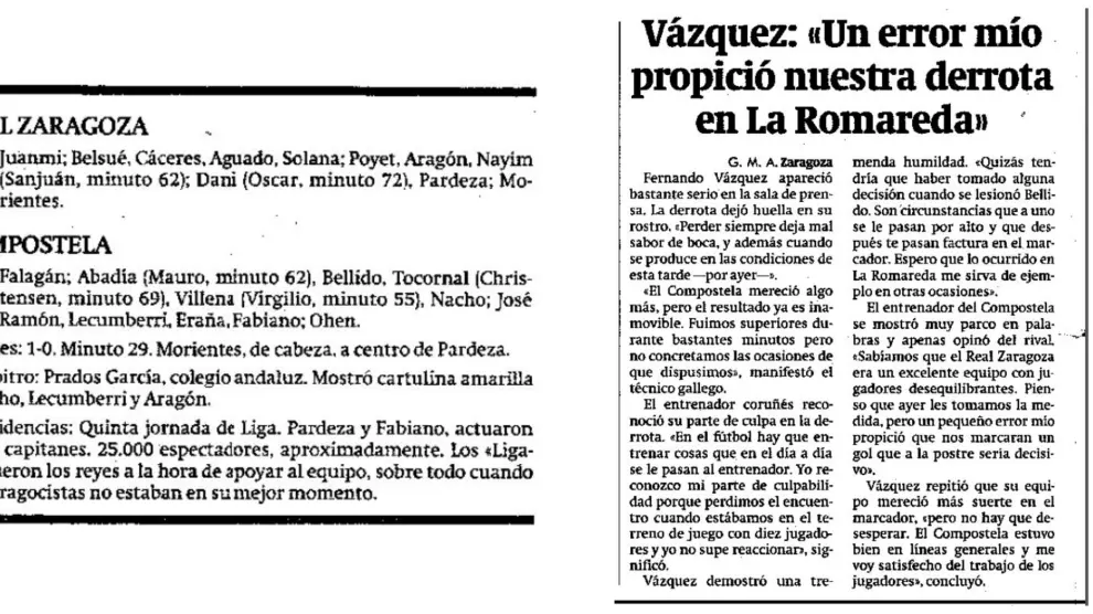 Ficha del primer partido de Fernando Vázquez en La Romareda, al frente del Compostela y declaraciones del técnico gallego al término del mismo.