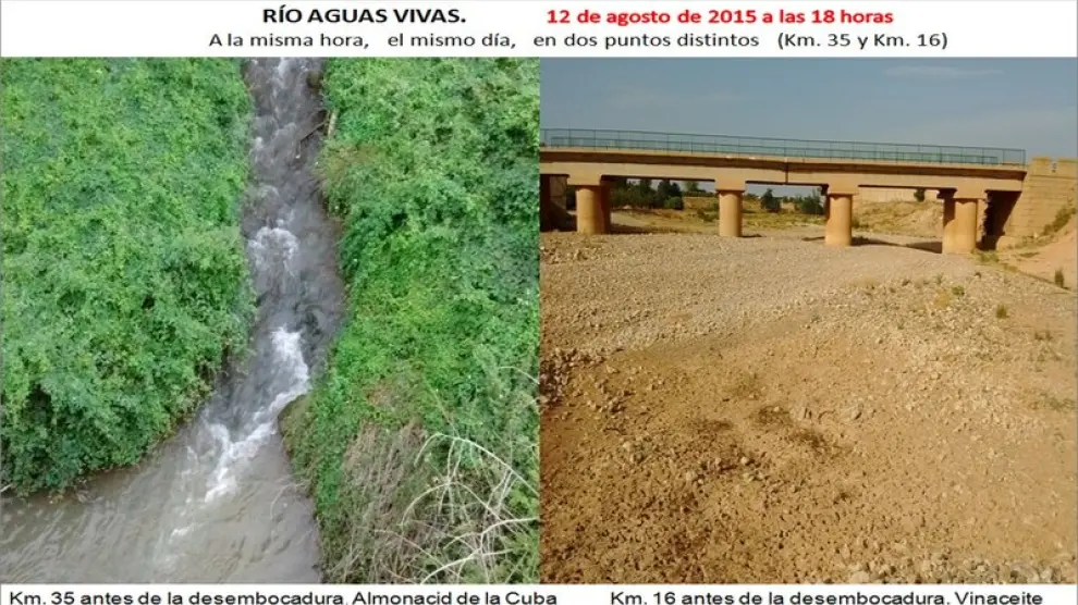 Imagen facilitada por Vialaz que muestra el caudal del río Aguas Vivas en distintos puntos.