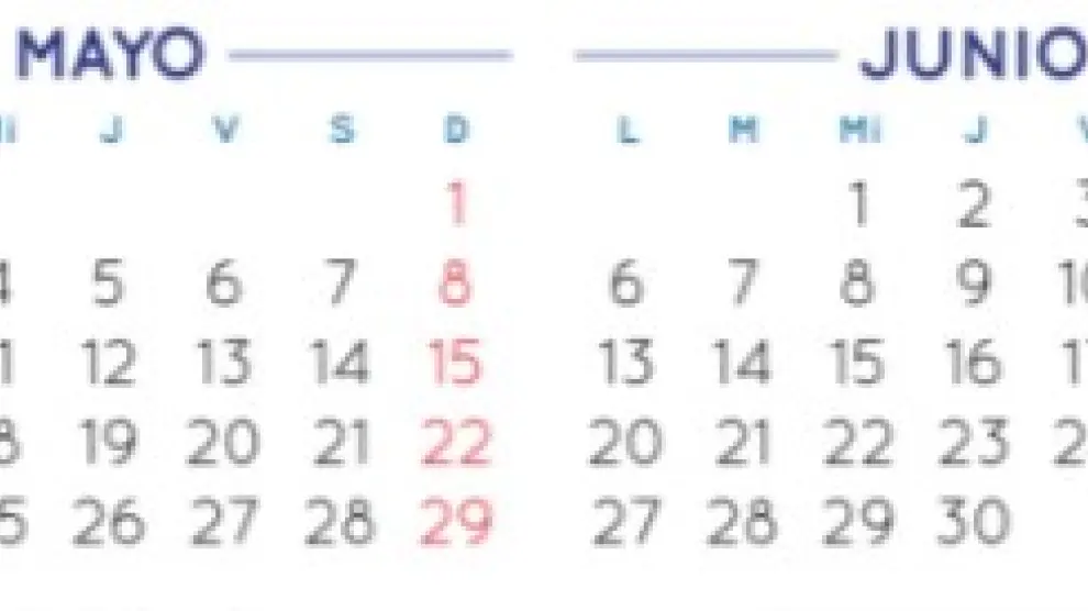Calendario de mayo y junio de 2016
